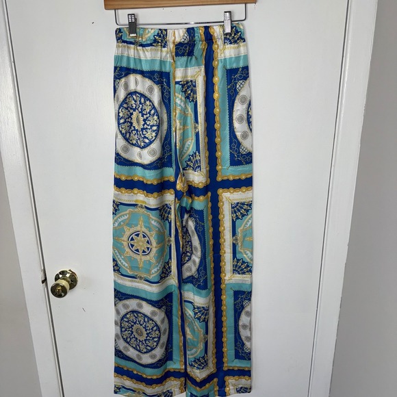 MICAS Blue‎ Gold Baroque Print Wide Leg Pants Trousers size Small - Picture 4 of 5